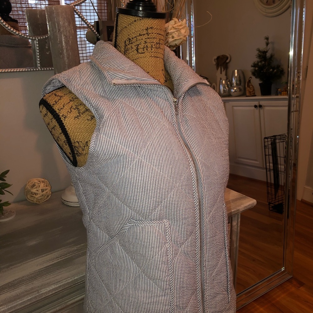 Peach Love Blue and white seer sucker vest